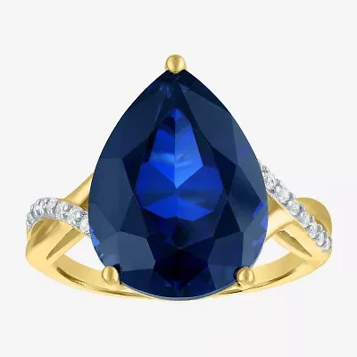 Womens Lab Created Blue Sapphire 14K Gold Over Silver Pear Side Stone Cocktail Ring