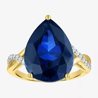 Womens Lab Created Blue Sapphire 14K Gold Over Silver Pear Side Stone Cocktail Ring
