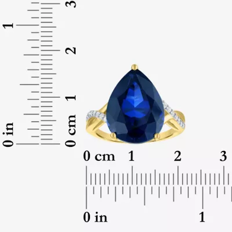 Womens Lab Created Blue Sapphire 14K Gold Over Silver Pear Side Stone Cocktail Ring