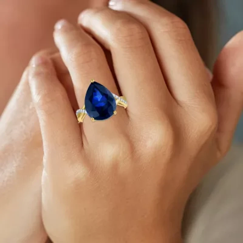 Womens Lab Created Blue Sapphire 14K Gold Over Silver Pear Side Stone Cocktail Ring