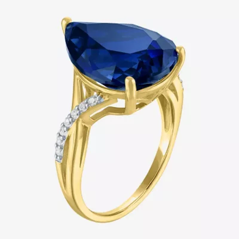 Womens Lab Created Blue Sapphire 14K Gold Over Silver Pear Side Stone Cocktail Ring