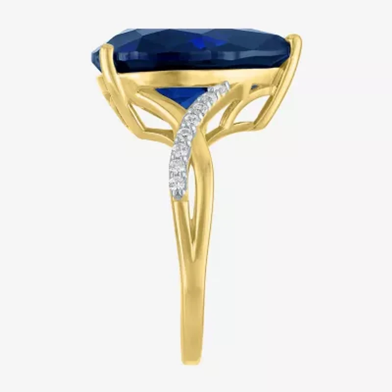 Womens Lab Created Blue Sapphire 14K Gold Over Silver Pear Side Stone Cocktail Ring