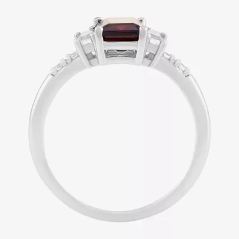 Womens Genuine Red Garnet Sterling Silver Side Stone Cocktail Ring