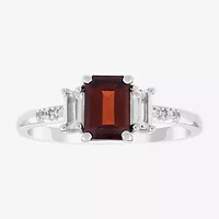 Womens Genuine Red Garnet Sterling Silver Side Stone Cocktail Ring