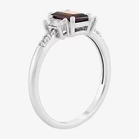 Womens Genuine Red Garnet Sterling Silver Side Stone Cocktail Ring
