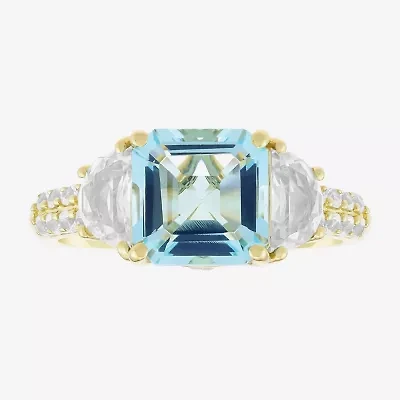 Womens Simulated Blue Aquamarine 14K Gold Over Silver Side Stone Cocktail Ring