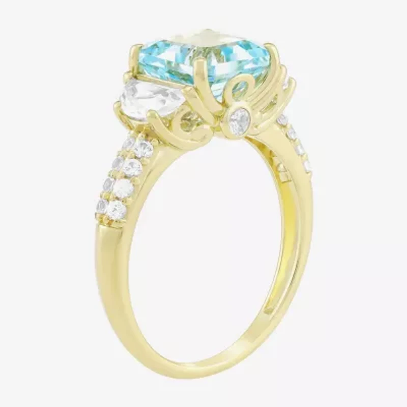 Womens Simulated Blue Aquamarine 14K Gold Over Silver Side Stone Cocktail Ring