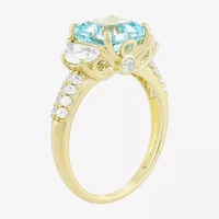 Womens Simulated Blue Aquamarine 14K Gold Over Silver Side Stone Cocktail Ring