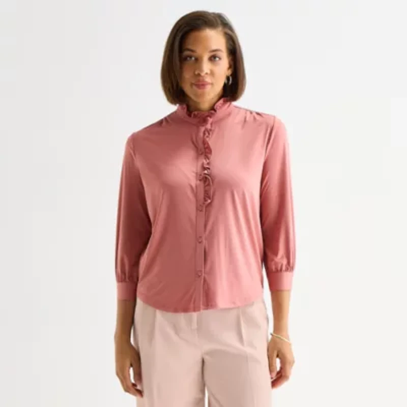 Liz Claiborne Womens Mock Neck 3/4 Sleeve Blouse
