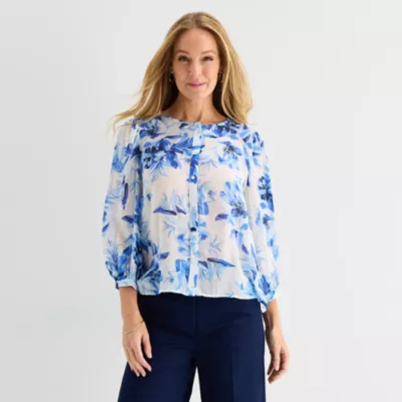 Liz Claiborne Womens Scoop Neck 3/4 Sleeve Blouse