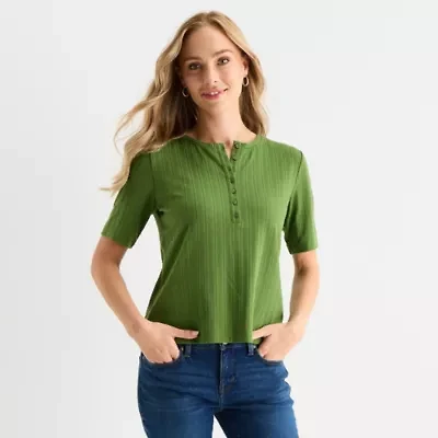Liz Claiborne Womens Short Sleeve Regular Fit Henley Shirt