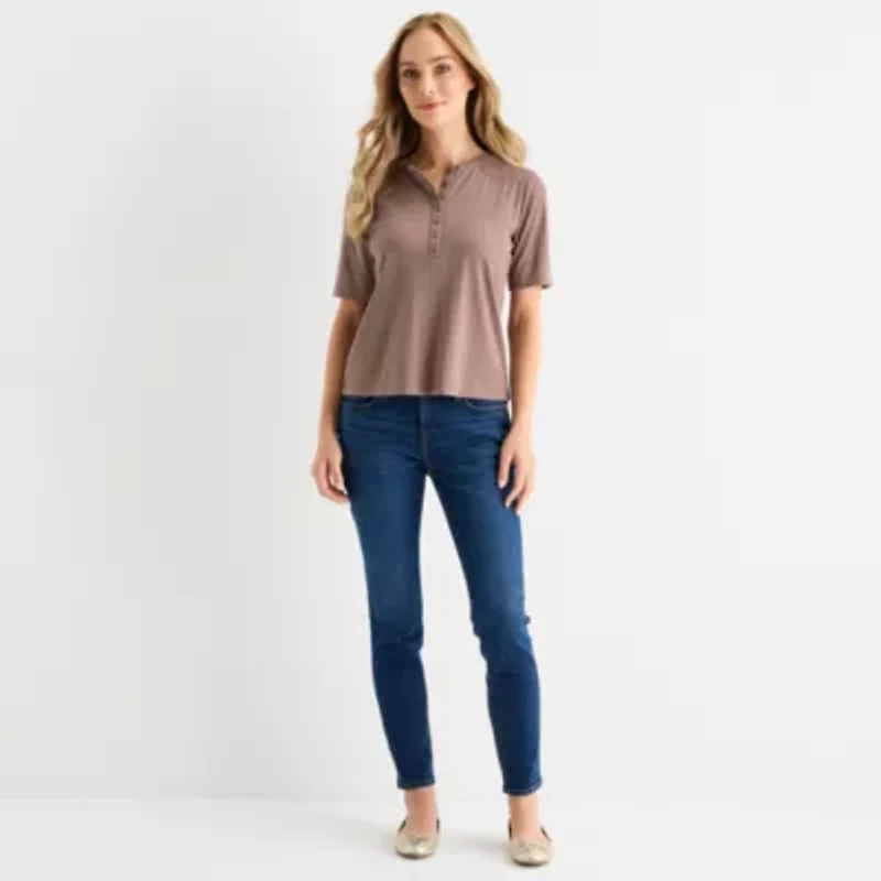 Liz Claiborne Womens Short Sleeve Regular Fit Henley Shirt