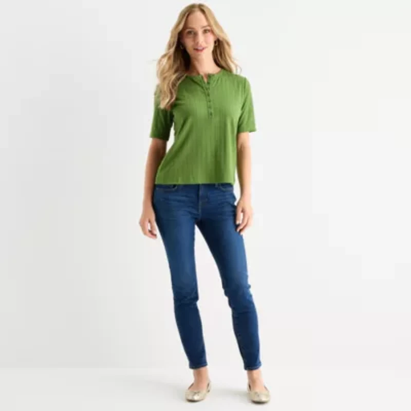Liz Claiborne Womens Short Sleeve Regular Fit Henley Shirt