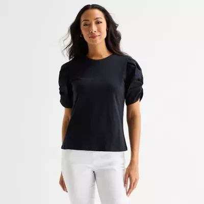 Liz Claiborne Womens Crew Neck Elbow Sleeve Blouse