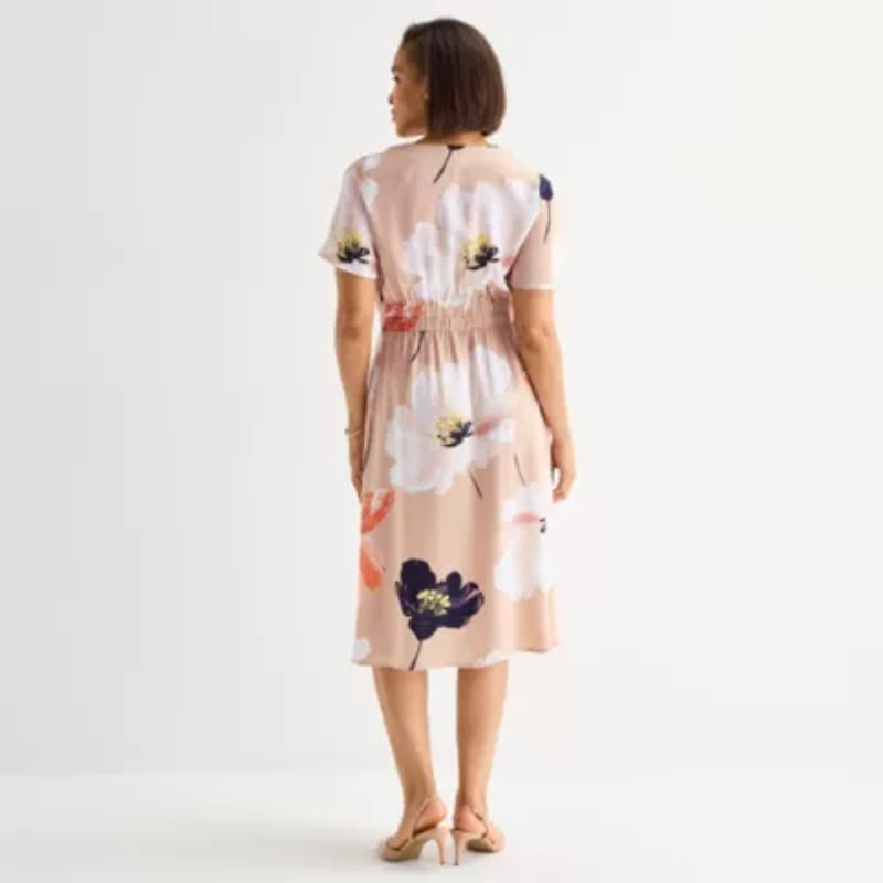 Liz Claiborne Womens Short Sleeve Midi Floral Satin A-Line Dress