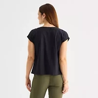 Liz Claiborne Womens V Neck Short Sleeve Satin Blouse