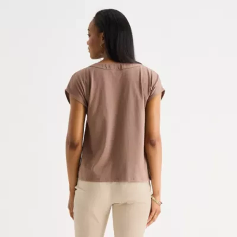 Liz Claiborne Womens V Neck Short Sleeve Satin Blouse