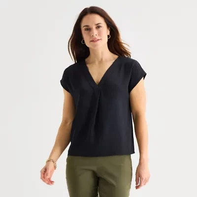 Liz Claiborne Womens V Neck Short Sleeve Satin Blouse