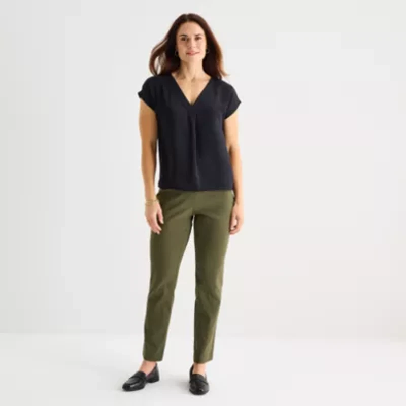 Liz Claiborne Womens V Neck Short Sleeve Satin Blouse