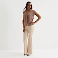 Liz Claiborne Womens V Neck Short Sleeve Satin Blouse
