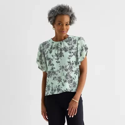 Liz Claiborne Womens Round Neck Short Sleeve Blouse