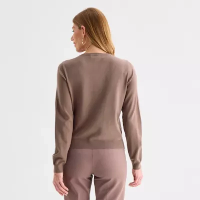 Liz Claiborne Womens Crew Neck Long Sleeve Button Cardigan