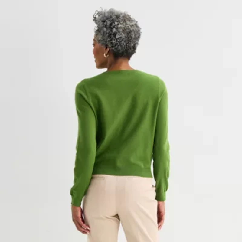 Liz Claiborne Womens Crew Neck Long Sleeve Button Cardigan