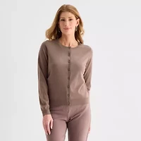 Liz Claiborne Womens Crew Neck Long Sleeve Button Cardigan