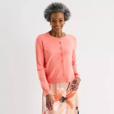Liz Claiborne Womens Crew Neck Long Sleeve Button Cardigan