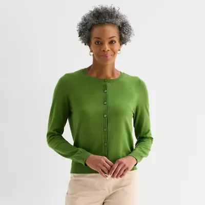 Liz Claiborne Womens Crew Neck Long Sleeve Button Cardigan