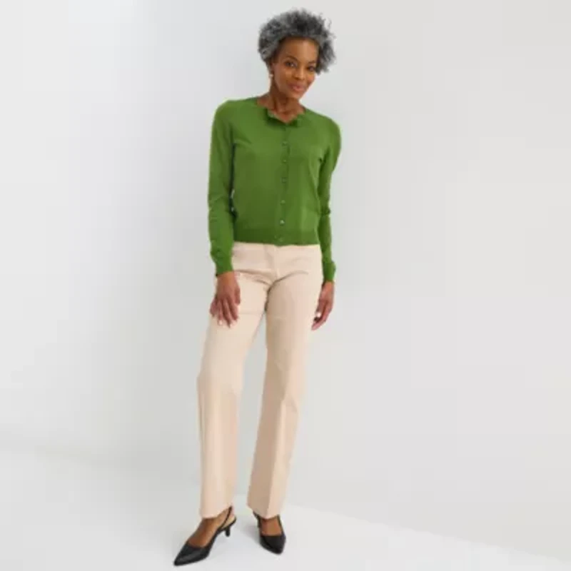 Liz Claiborne Womens Crew Neck Long Sleeve Button Cardigan