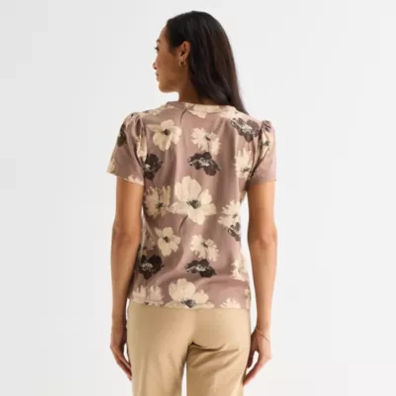 Liz Claiborne Womens Split Crew Neck Short Sleeve Blouse