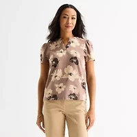 Liz Claiborne Womens Split Crew Neck Short Sleeve Blouse