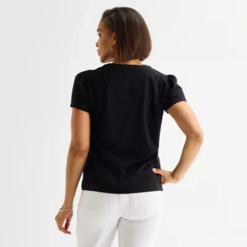 Liz Claiborne Womens Split Crew Neck Short Sleeve Blouse