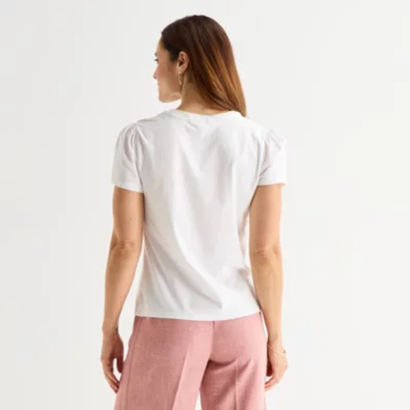 Liz Claiborne Womens Split Crew Neck Short Sleeve Blouse