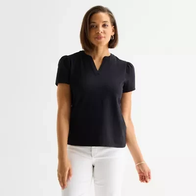 Liz Claiborne Womens Split Crew Neck Short Sleeve Blouse