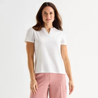 Liz Claiborne Womens Split Crew Neck Short Sleeve Blouse