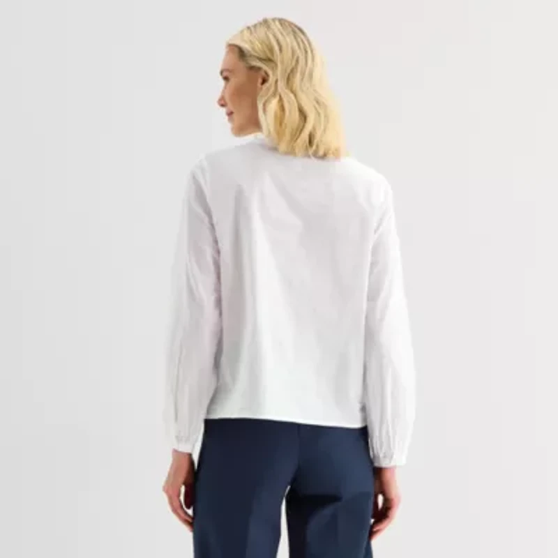 Liz Claiborne Womens Crew Neck Bishop Long Sleeve Button-Down Shirt