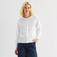 Liz Claiborne Womens Crew Neck Bishop Long Sleeve Button-Down Shirt