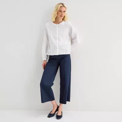 Liz Claiborne Womens Crew Neck Bishop Long Sleeve Button-Down Shirt