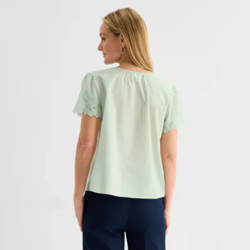 Liz Claiborne Womens Crew Neck Short Sleeve Embroidered Blouse