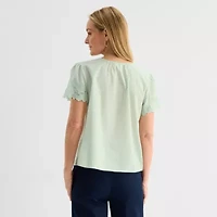 Liz Claiborne Womens Crew Neck Short Sleeve Embroidered Blouse