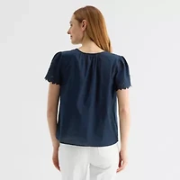 Liz Claiborne Womens Keyhole Neck Short Sleeve Embroidered Blouse