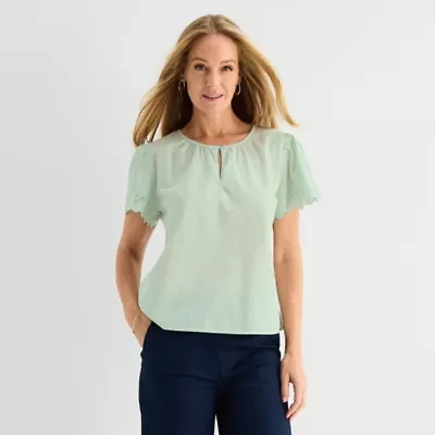 Liz Claiborne Womens Crew Neck Short Sleeve Embroidered Blouse