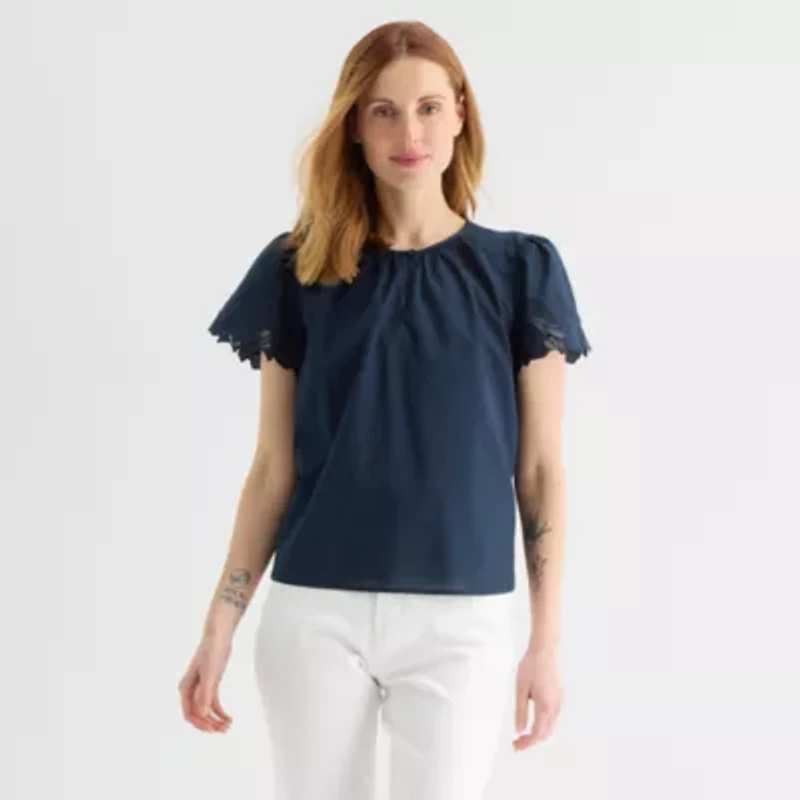 Liz Claiborne Womens Keyhole Neck Short Sleeve Embroidered Blouse