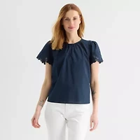 Liz Claiborne Womens Keyhole Neck Short Sleeve Embroidered Blouse