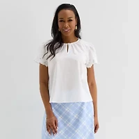 Liz Claiborne Womens Keyhole Neck Short Sleeve Embroidered Blouse