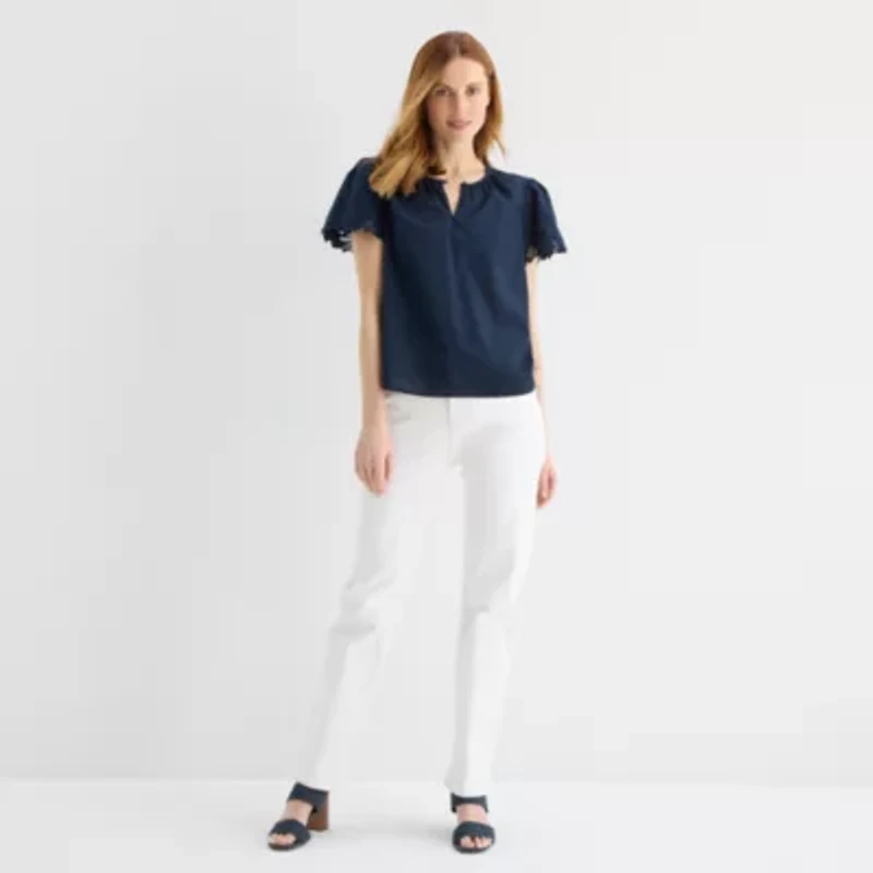 Liz Claiborne Womens Keyhole Neck Short Sleeve Embroidered Blouse