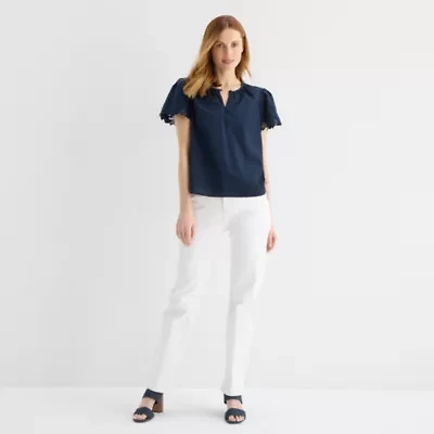 Liz Claiborne Womens Keyhole Neck Short Sleeve Embroidered Blouse