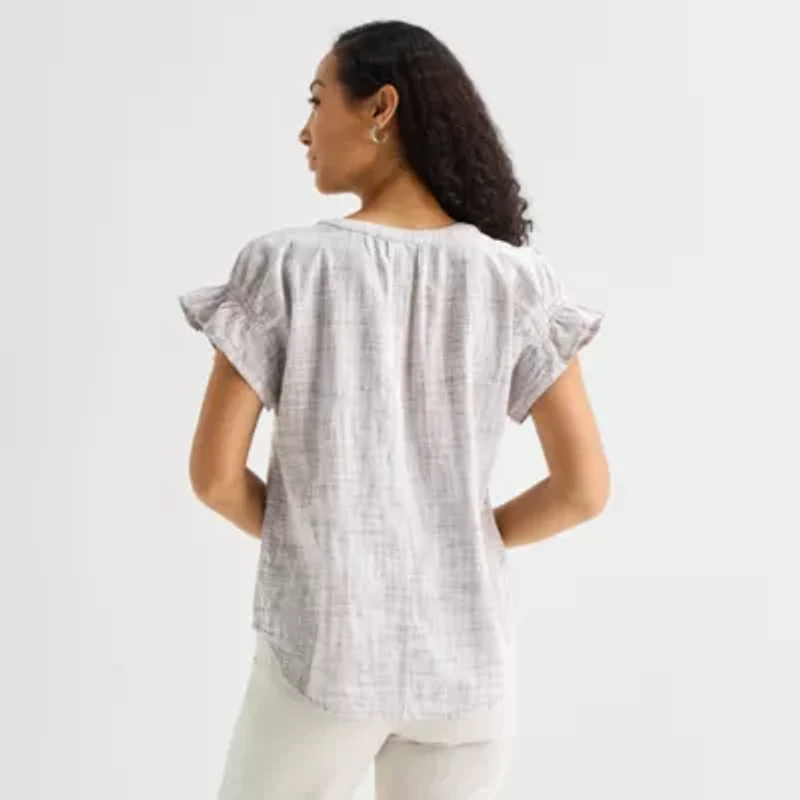 Liz Claiborne Womens Split Crew Neck Short Sleeve Blouse